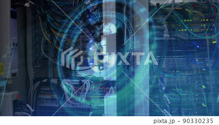 Image of euro symbol on rotating safe lock over computer servers Image of euro symbol on rotating safe lock over computer servers 90330235