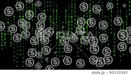 Image of dollar symbols over black background with green letters 90330365