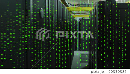 Image of green numbers falling over servers Image of green numbers falling over servers 90330385