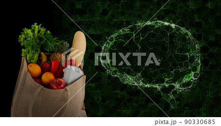 Image of brain rotating over black background with bag with groceries Image of brain rotating over black background with bag with groceries 90330685