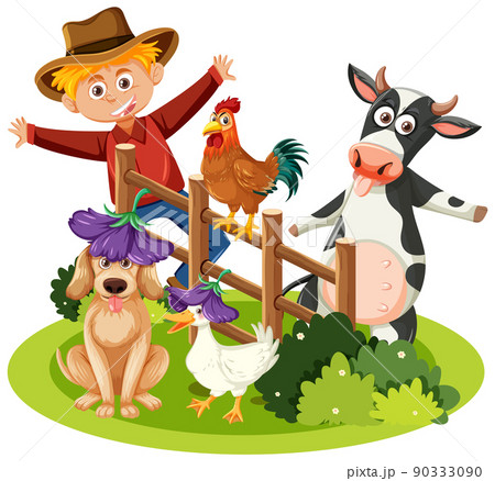 Happy farmer with animals at farm Happy farmer with animals at farm 90333090