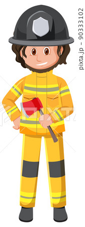 Firefighter in yellow outfit with axe 90333102