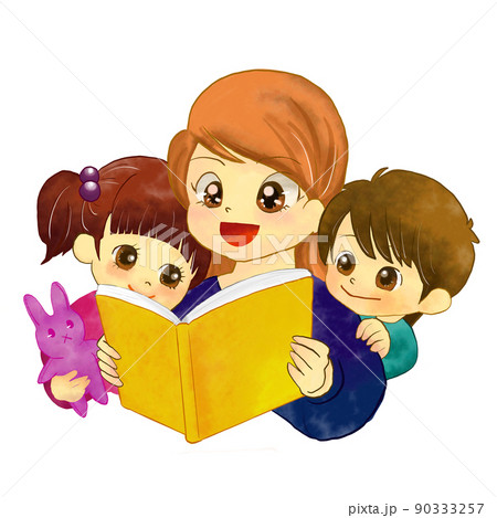 絵本を読み聞かせるママと子ども達のイラスト素材
