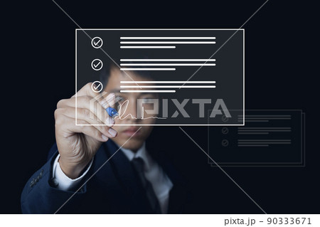 Businessman using pen signing digital document management. 90333671