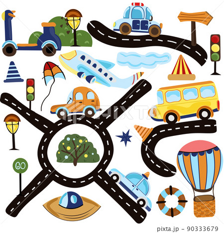 Set of different types of road transport, air transport, police car, bus, plane, road, scooter, air ballon, traffic lights and more. Compositions are ideal for postcards, scrapbooking, posters. Vector 90333679
