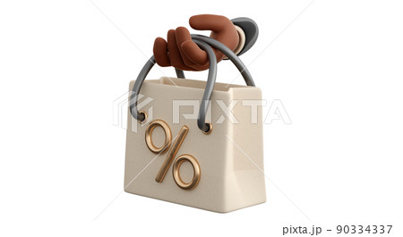 Realistic white paper shopping bag with percent symbol and holding human hand. Concept of black friday or christmas and autumn sales, present or surprise. 3d high quality render 90334337