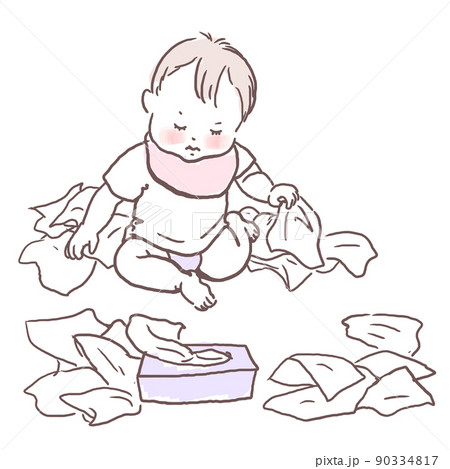 赤ちゃんのいたずら　ティッシュを出しまくる　白背景 90334817