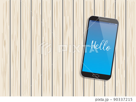 Hello from a mobile on wooden 90337215