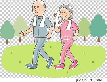 公園でウォーキングしている高齢夫婦 公園でウォーキングしている高齢夫婦 90338665