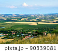 A view of the agricultural landscape of South Moravia around Mikulov. Fields and vineyard under blue summer sky. Suitable for tourist advertising. 90339081