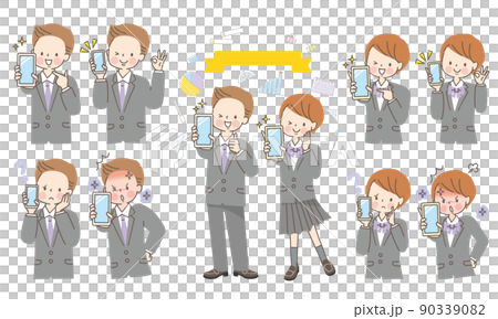 為顯示智能手機屏幕的男女學生設置的面部表情 90339082