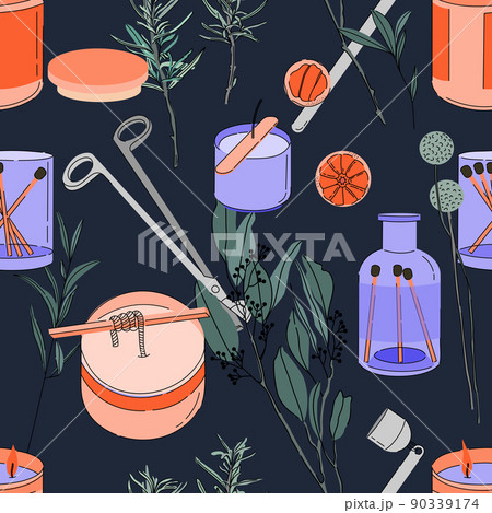 Various Candles and herbs seamless pattern. Different shapes and sizes. Jar candle, square, container candle. Decorative wax candle making for relax and spa. Matches, scissors, candle snuffer. 90339174