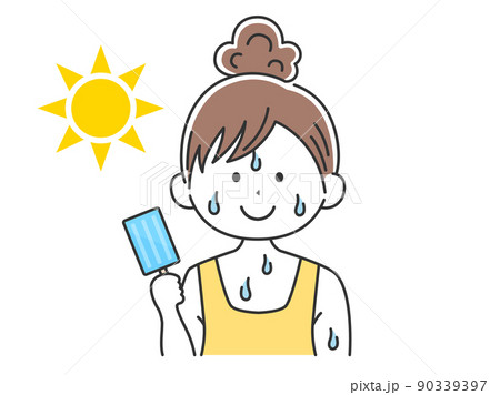 アイスキャンディを食べる、髪を束ねた女性のイラスト 90339397