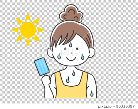 アイスキャンディを食べる、髪を束ねた女性のイラスト 90339397