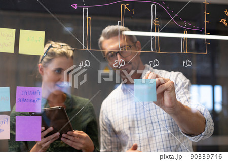 Caucasian colleagues seen through glass wall planning strategy together in meeting room 90339746