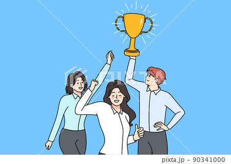 Excited work team hold prize celebrate success Excited work team hold prize celebrate success 90341000