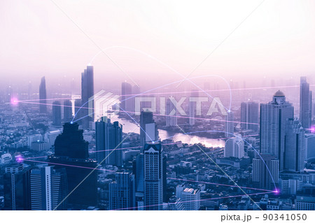 Digital technology modern city network in cyber punk theme color concept 90341050