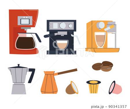 Coffee machine, coffee maker and a set of capsules for brewing coffee. Set of flat vector illustration. Eps10 90341357