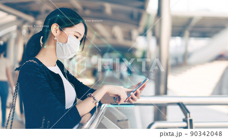 Selfie young adult business asian working woman wear face mask for protect virus corona or covid19 90342048