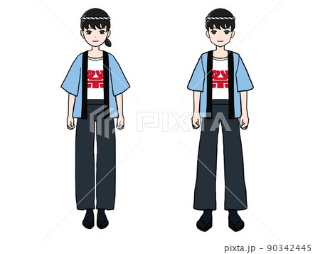 夏祭り会場にいそうな法被を着て鉢巻を巻いた日本人男女の立ち絵の