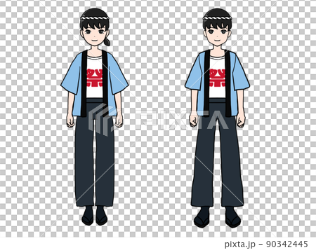 日本男人和女人穿著快樂外套和頭帶的站立照片，似乎在夏季節日會場 90342445