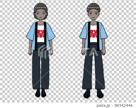 Standing picture of a black man and a woman wearing a happi coat and wearing a headband that seems to be at the summer festival venue 90342446