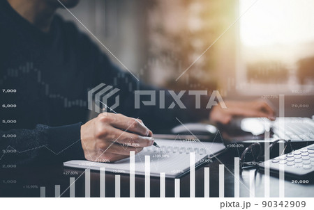 Man using pen write project and  folder of document Management System,  online documentation database and process automation to efficiently manage files work, knowledge, Corporate business technology, 90342909