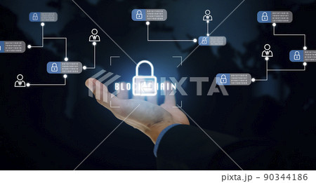 Hand holding keys icon with Blockchain technology on the black background, Blockchain technology concept with a chain of crypto-block, Fintech financial crypto-currencies such as Bitcoin and network Hand holding keys icon with Blockchain technology on the black background, Blockchain technology concept with a chain of crypto-block, Fintech financial crypto-currencies such as Bitcoin and network 90344186