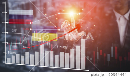 Market graph of business and trade losses during the war, Business losses on the stock market chart concept, Business use pen touch line market chart and Red arrows fall to the ground, indicating 90344444