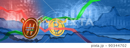 currency exchange rate background. bullish position of bitcoin to korean won. money represented as golden coins. 3D illustration of forex trading currency exchange rate background. bullish position of bitcoin to korean won. money represented as golden coins. 3D illustration of forex trading 90344702