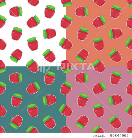 Set of seamless patterns with packaged jar of jam or compote in doodle style. Ornament for decoration and printing on fabric. Design element. Vector Set of seamless patterns with packaged jar of jam or compote in doodle style. Ornament for decoration and printing on fabric. Design element. Vector 90344965