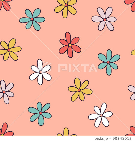 Retro 70s 60s Hippie Groovy Floral naive Daisy vector seamless pattern. Retro 70s 60s Hippie Groovy Floral naive Daisy vector seamless pattern. 90345012
