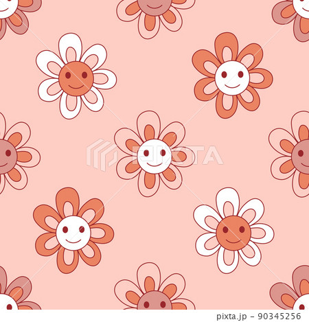Retro 70s 60s Hippie Groovy Floral naive Daisy vector seamless pattern. Boho Flower child Flower power vibes background. 90345256