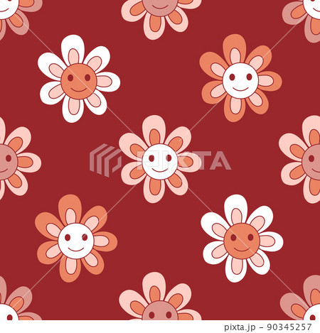 Retro 70s 60s Hippie Groovy Floral naive Daisy vector seamless pattern. Boho Flower child Flower power vibes background. 90345257