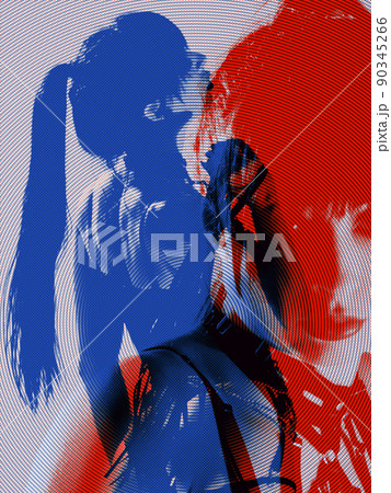 Woman's portrait with glitch duotone effect. Colorful halftone. Multiple exposure, fashionable beauty photo. Art, creativity, diversity, youth culture, composite image, 90345266
