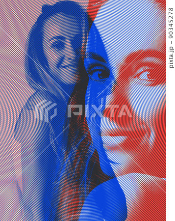 Creative portrait with glitch duotone effect. Multiple exposure, abstract fashionable beauty photo. Young beautiful female model. Youth culture, composite image, Creative portrait with glitch duotone effect. Multiple exposure, abstract fashionable beauty photo. Young beautiful female model. Youth culture, composite image, 90345278