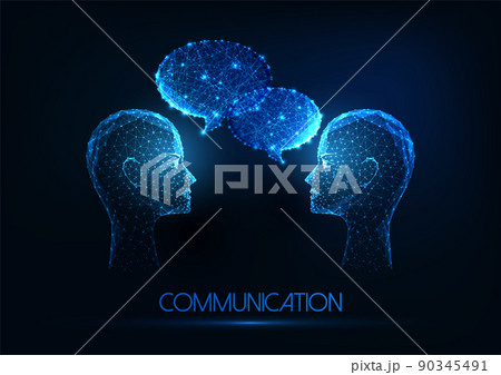 Futuristic communication, dialog concept with glowing low polygonal human heads and speech bubbles 90345491
