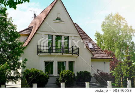 The resort town of Parnu in Estonia with beautiful wooden houses with triangular roofs 90346058