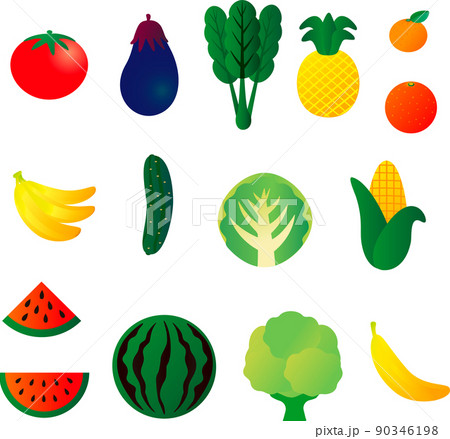 アイコン 夏 野菜 果物 フルーツ ベクター シンプル 絵文字 マーク かわいい イラスト素材セットのイラスト素材