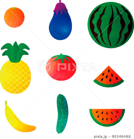 夏 野菜 果物 フルーツ ベクター 水彩 油絵 アナログタッチ かわいい イラスト素材セットのイラスト素材