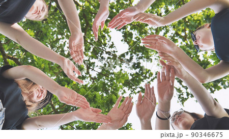 The girlfriends join their palms in a circle against the background of tree branches. The girlfriends join their palms in a circle against the background of tree branches. 90346675