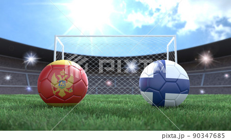 Two soccer balls in flags colors on stadium blurred background. Montenegro and Finland. 3d image 90347685