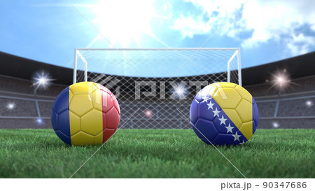 Two soccer balls in flags colors on stadium blurred background. Romania and Bosnia. 3d image 90347686