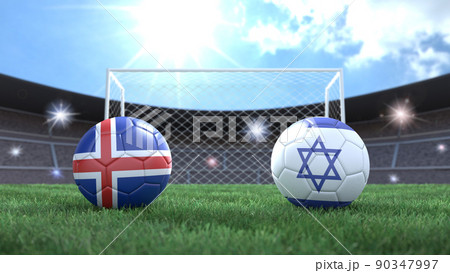 Two soccer balls in flags colors on stadium blurred background. Iceland and Israel. 3d image Two soccer balls in flags colors on stadium blurred background. Iceland and Israel. 3d image 90347997