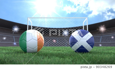 Two soccer balls in flags colors on stadium blurred background. Ireland and Scotland. 3d image 90348269