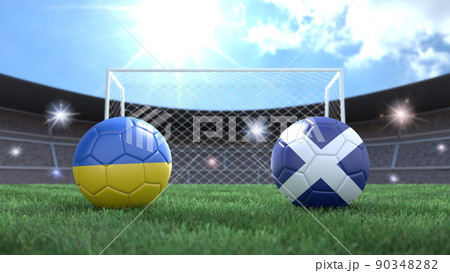 Two soccer balls in flags colors on stadium blurred background. Ukraine and Scotland. 3d image 90348282