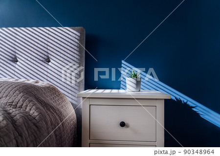Succulent in concrete plant pot with decorative shadows on a blue wall and bedside table in bedroom interior. Game of shadows on a wall from window at the sunny day. Graphic minimalist home background Succulent in concrete plant pot with decorative shadows on a blue wall and bedside table in bedroom interior. Game of shadows on a wall from window at the sunny day. Graphic minimalist home background 90348964