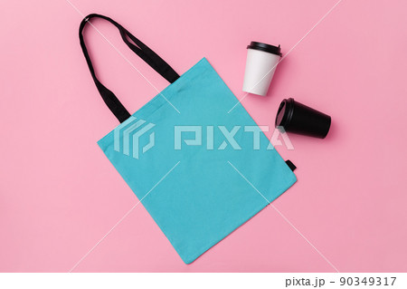 Textile shopping bag and coffee cup flat lay Textile shopping bag and coffee cup flat lay 90349317