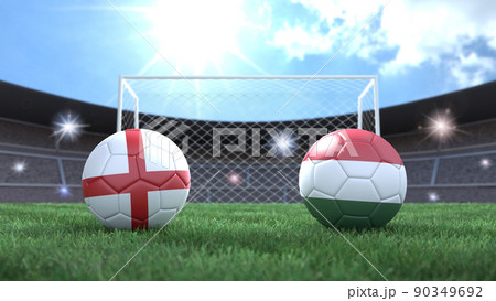 Two soccer balls in flags colors on stadium blurred background. England and Hungary. 3d image 90349692