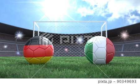Two soccer balls in flags colors on stadium blurred background. Germany and Italy. 3d image Two soccer balls in flags colors on stadium blurred background. Germany and Italy. 3d image 90349693